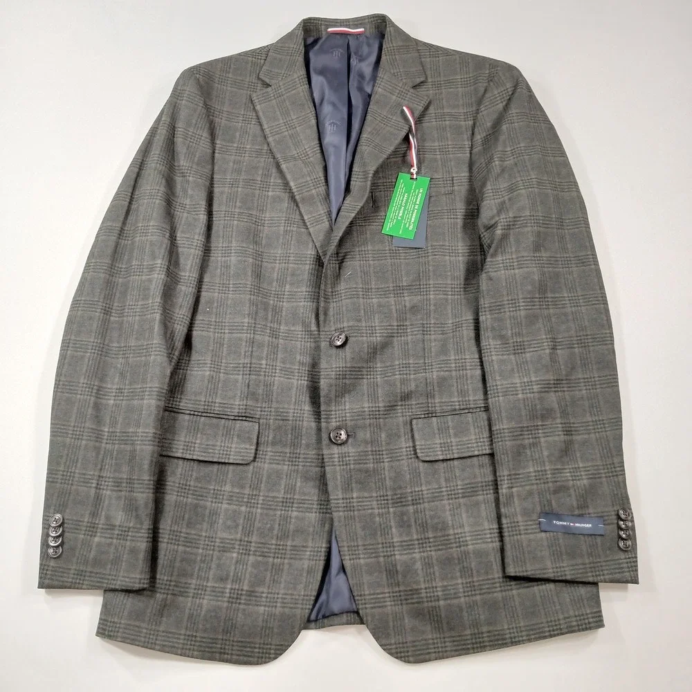 Tommy Hilfiger Pattern Sport Coat Mens 40L Olive Brown Plaid Modern-Fit $295 NEW